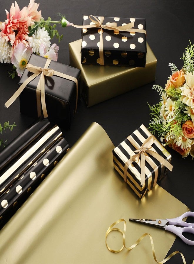 Supervitae 4 Rolls Black and Gold Wrapping Paper Roll 17 Inch x 10 ft Mini Roll Solid Color Striped Polka Dot Design Gift Wrap for Birthday Christmas Father's Day Men Husband Wedding Party - Image 4
